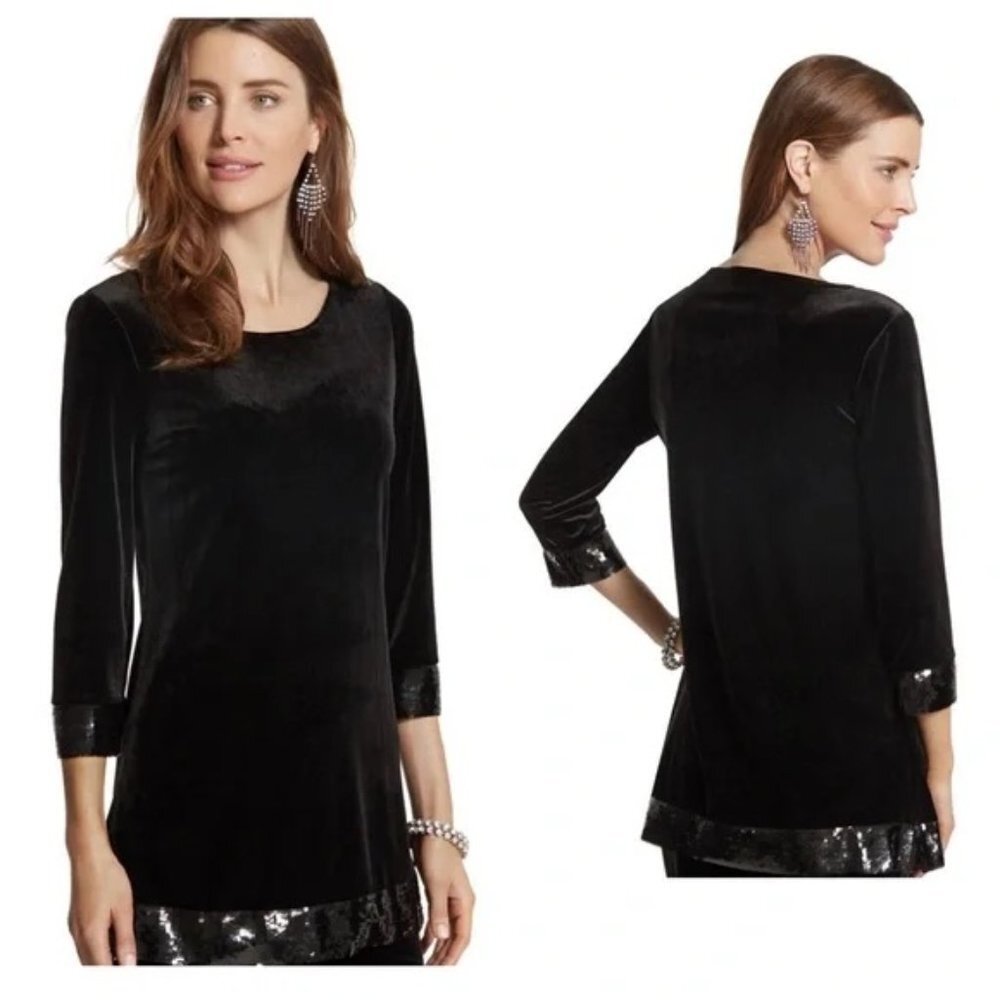 Chico's Travelers Collection Black Velvet Sequin Hem Tunic Size 1 (Medium) NWT - Picture 3 of 7